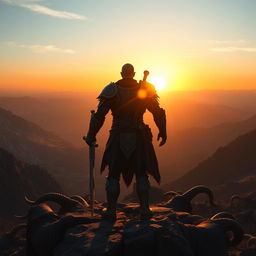 A warrior standing on a mountain peak, viewed from the back, holding a giant sword, gazing at the sunset