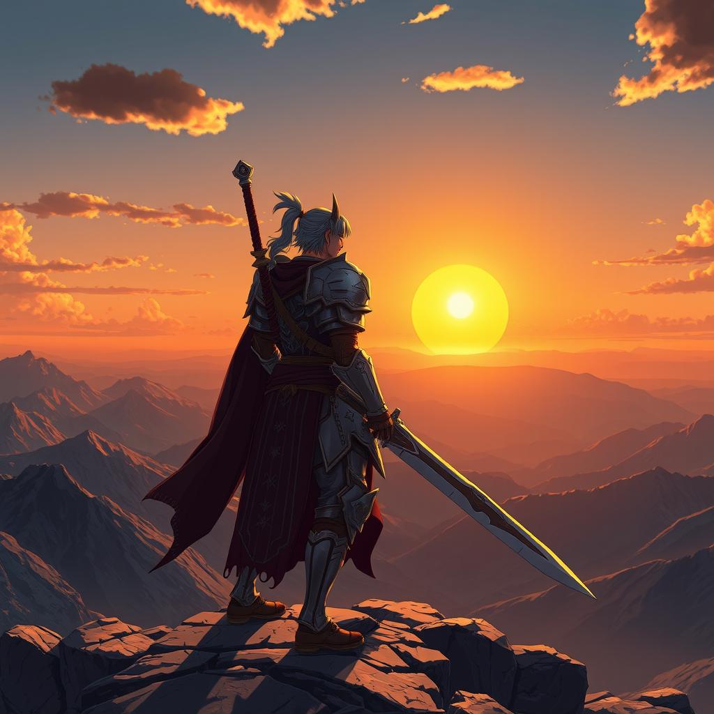 An anime-style warrior standing on a mountain peak, holding a giant sword, gazing at the sunset