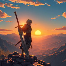 An anime-style warrior standing on a mountain peak, holding a giant sword, gazing at the sunset