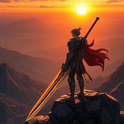 An anime-style warrior standing on a mountain peak, holding a giant sword, gazing at the sunset