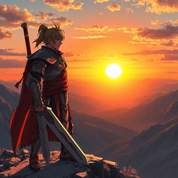 An anime-style warrior standing on a mountain peak, holding a giant sword, gazing at the sunset