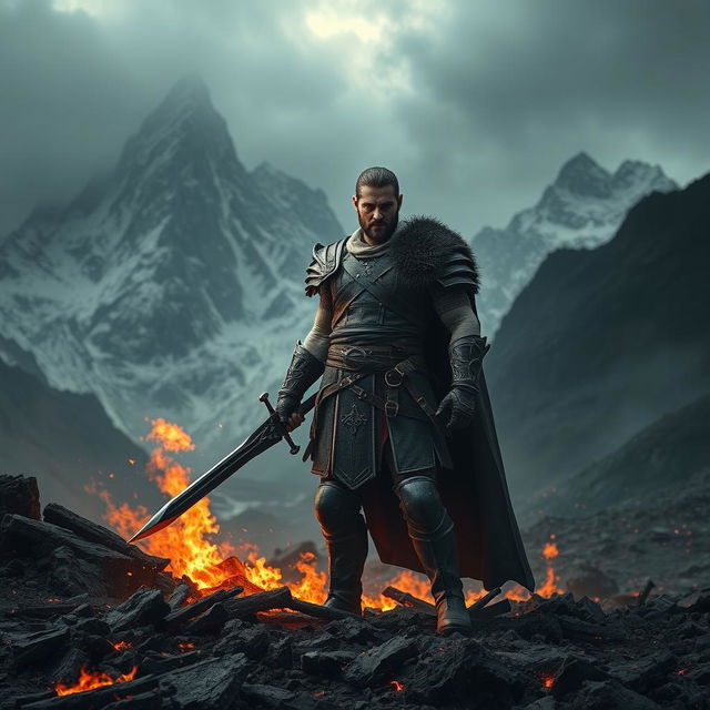 A strong warrior stands amidst the ashes, with majestic mountains in the background