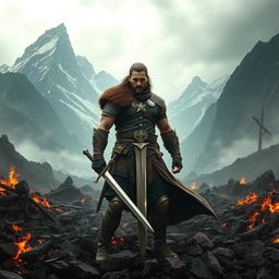 A strong warrior stands amidst the ashes, with majestic mountains in the background