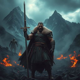 A strong warrior stands amidst the ashes, with majestic mountains in the background