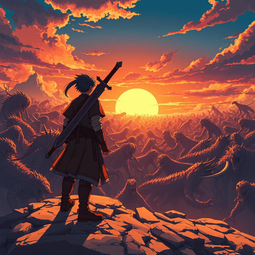 An anime-style warrior facing an endless horde of monsters, standing on a rugged landscape with a giant sword strapped to their back