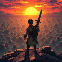 An anime-style warrior facing an endless horde of monsters, standing on a rugged landscape with a giant sword strapped to their back