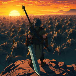 An anime-style warrior facing an endless horde of monsters, standing on a rugged landscape with a giant sword strapped to their back