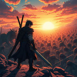 An anime-style warrior facing an endless horde of monsters, standing on a rugged landscape with a giant sword strapped to their back