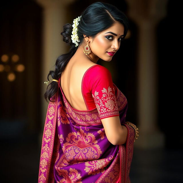 A beautiful woman wearing an ornate traditional Indian saree, showcasing the exquisite design on the saree