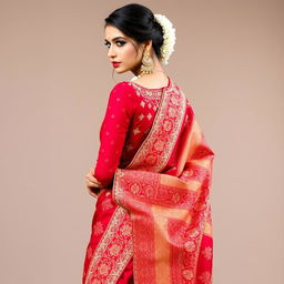 A beautiful woman wearing an ornate traditional Indian saree, showcasing the exquisite design on the saree