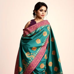 A beautiful woman wearing an ornate traditional Indian saree, showcasing the exquisite design on the saree