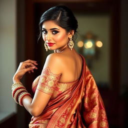 A beautiful woman wearing an ornate traditional Indian saree, showcasing the exquisite design on the saree