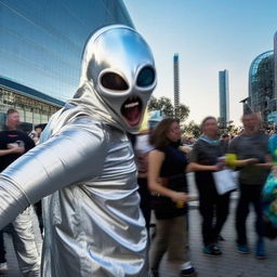 An alien dressed in silver futuristic attire running behind an unsuspecting crowd during daytime.