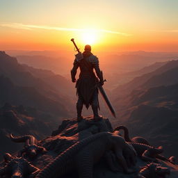 A warrior standing on a mountain peak, viewed from a slightly elevated angle, with their back to the viewer, holding a giant sword, gazing at the sunset