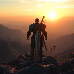 A warrior standing on a mountain peak, viewed from a slightly elevated angle, with their back to the viewer, holding a giant sword, gazing at the sunset