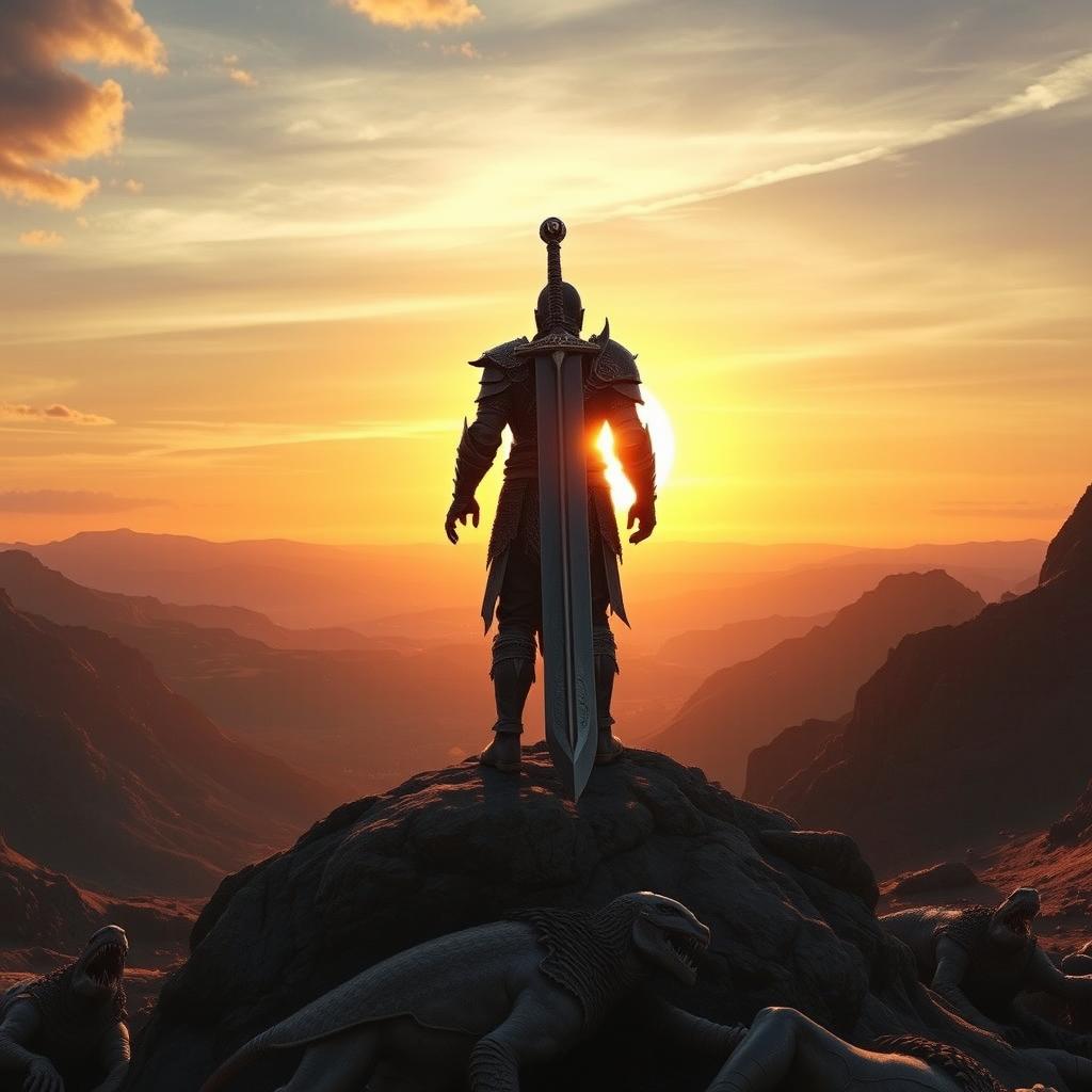 A warrior standing on a mountain peak, viewed from a slightly elevated angle, with their back to the viewer, holding a giant sword, gazing at the sunset