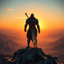 A warrior standing on a mountain peak, viewed from a slightly elevated angle, with their back to the viewer, holding a giant sword, gazing at the sunset