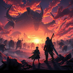 An anime-style warrior facing a gigantic and powerful horde of monsters, standing on a rugged landscape with a giant sword strapped to their back