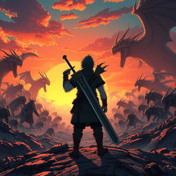 An anime-style warrior facing a gigantic and powerful horde of monsters, standing on a rugged landscape with a giant sword strapped to their back