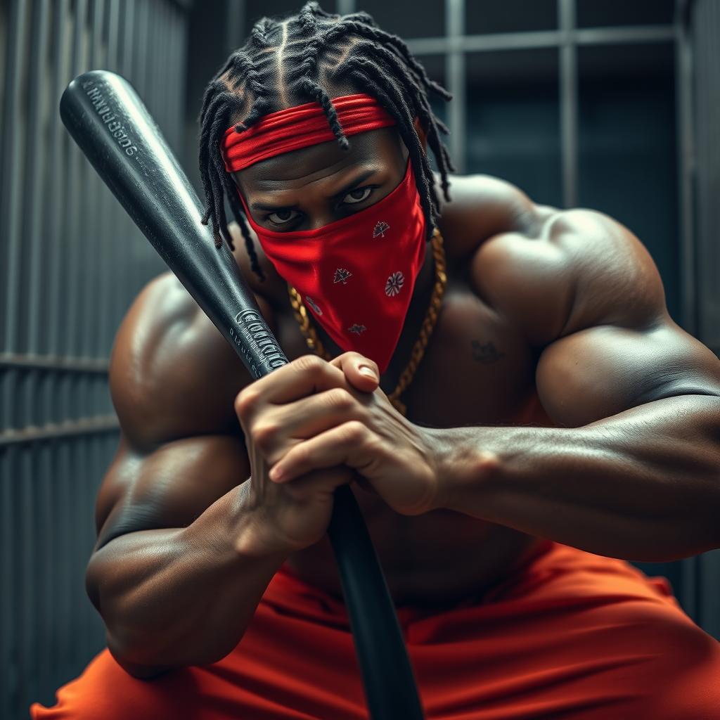 A close-up of a muscular African American gang member in a prison environment