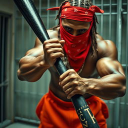 A close-up of a muscular African American gang member in a prison environment