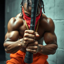 A close-up of a muscular African American gang member in a prison environment