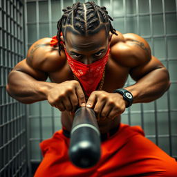 A close-up of a muscular African American gang member in a prison setting, wearing a red bandana mask covering the nose and mouth, along with baggy orange pants