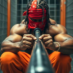 A close-up of a muscular African American gang member in a prison setting, wearing a red bandana mask covering the nose and mouth, along with baggy orange pants