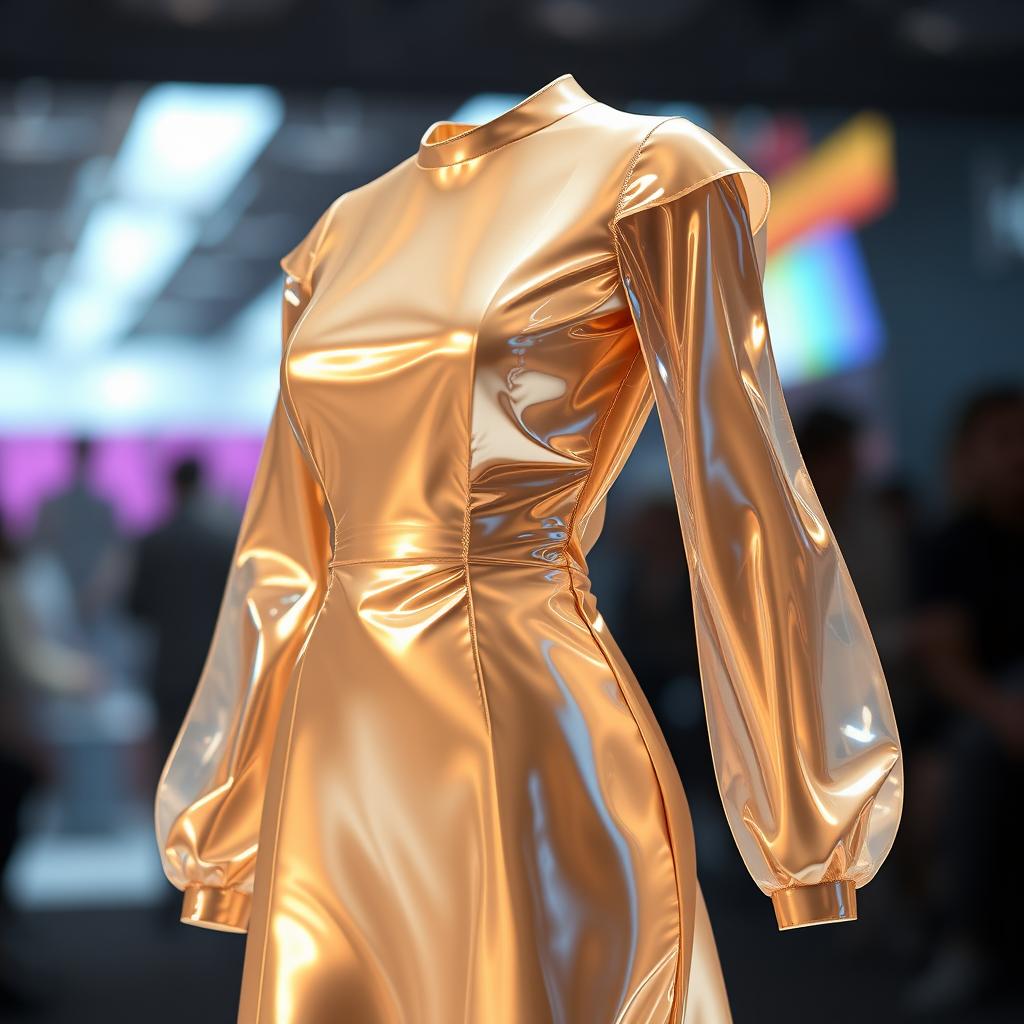 A futuristic hologram dress design featuring creamy brown hues, shimmering with a subtle iridescent effect