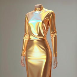 A futuristic hologram dress design featuring creamy brown hues, shimmering with a subtle iridescent effect