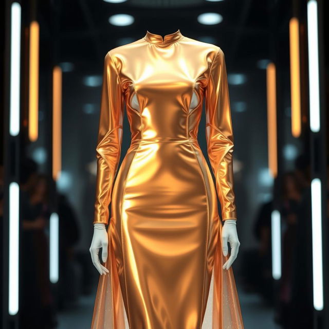 A futuristic hologram dress design featuring creamy brown hues, shimmering with a subtle iridescent effect