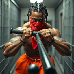 Close-up of a muscular African American gang member in a prison setting, sporting a red bandana mask over his nose and mouth, with baggy orange pants