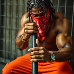 Close-up of a muscular African American gang member in a prison setting, sporting a red bandana mask over his nose and mouth, with baggy orange pants