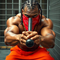 Close-up of a muscular African American gang member in a prison setting, sporting a red bandana mask over his nose and mouth, with baggy orange pants