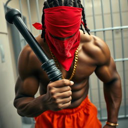 Close-up of a muscular African American gang member in a prison setting, sporting a red bandana mask over his nose and mouth, with baggy orange pants