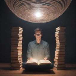 Generate an image of a person surrounded by stacks of books. The person is under a spotlight, highlighting their knowledge and expertise on a specific topic, depicted by an open book in their hands or a hologram emanating from their head.