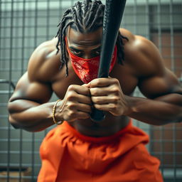 A close-up of a muscular African American gang member in a prison setting