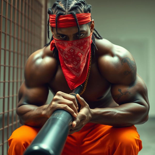 A close-up of a muscular African American gang member in a prison setting