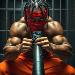 A close-up of a muscular African American gang member in a prison setting