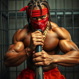 A close-up of a muscular African American gang member in a prison setting