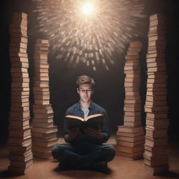 Generate an image of a person surrounded by stacks of books. The person is under a spotlight, highlighting their knowledge and expertise on a specific topic, depicted by an open book in their hands or a hologram emanating from their head.