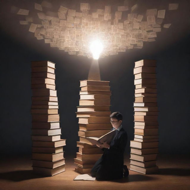 Generate an image of a person surrounded by stacks of books. The person is under a spotlight, highlighting their knowledge and expertise on a specific topic, depicted by an open book in their hands or a hologram emanating from their head.