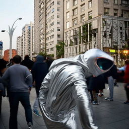 An alien dressed in silver futuristic attire running behind an unsuspecting crowd during daytime.