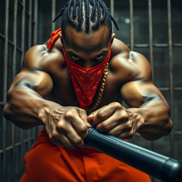 Close-up of a muscular African American gang member in a prison setting, exuding a mean demeanor