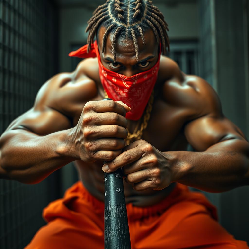 Close-up of a muscular African American gang member in a prison setting, exuding a mean demeanor