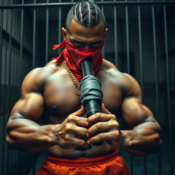 Close-up of a muscular African American gang member in a prison setting, exuding a mean demeanor