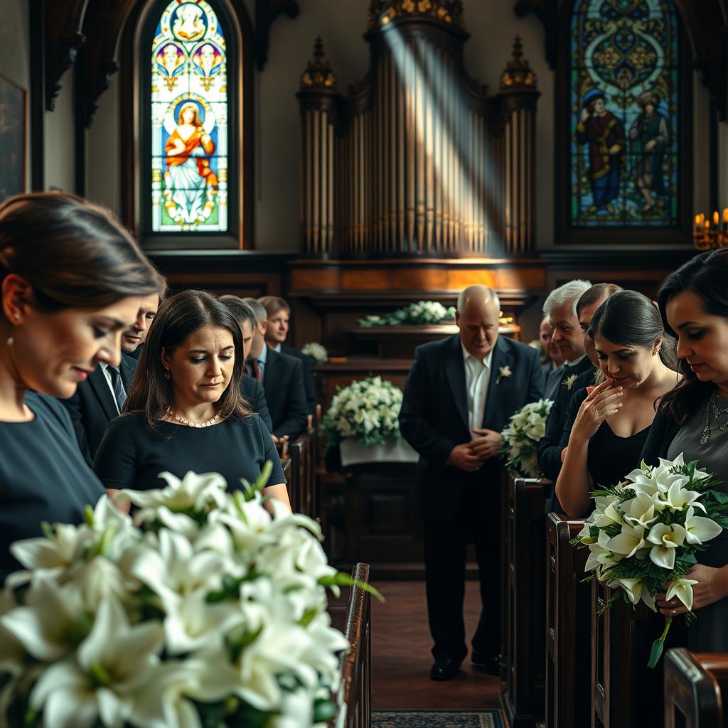 A beautifully solemn and dramatic funeral scene held in a quaint, historic chapel with stained glass windows casting colorful patterns on the wooden pews