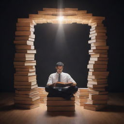 Generate an image of a person surrounded by stacks of books. The person is under a spotlight, highlighting their knowledge and expertise on a specific topic, depicted by an open book in their hands or a hologram emanating from their head.