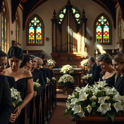 A beautifully solemn and dramatic funeral scene held in a quaint, historic chapel with stained glass windows casting colorful patterns on the wooden pews