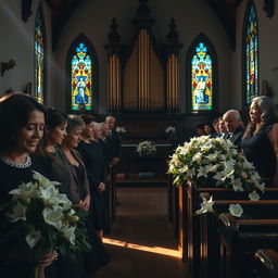 A beautifully solemn and dramatic funeral scene held in a quaint, historic chapel with stained glass windows casting colorful patterns on the wooden pews